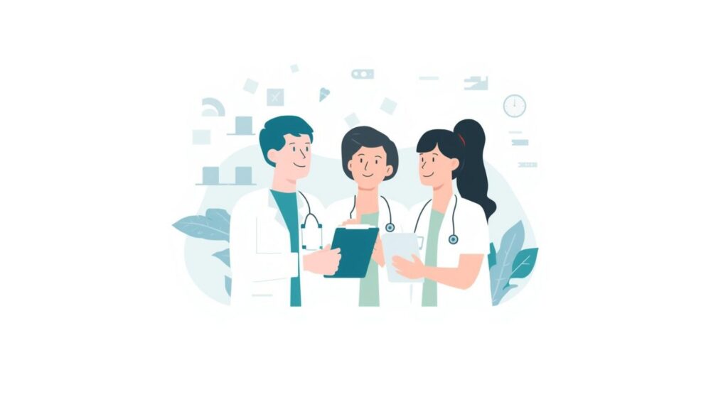 医師・看護師・薬剤師がチームとして連携している場面のイラスト