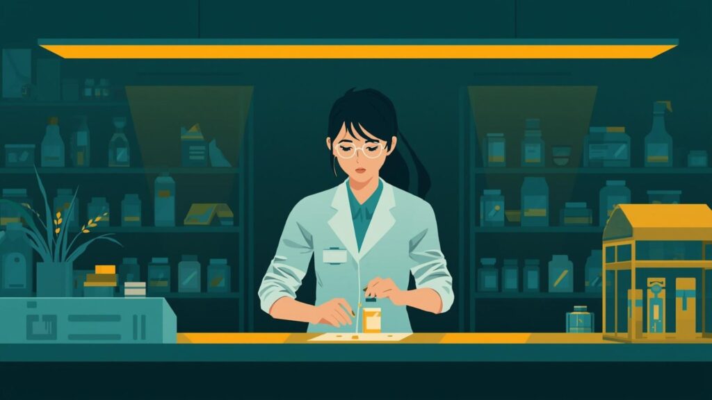 夜間の緊急対応で薬を届ける在宅薬剤師のイラスト