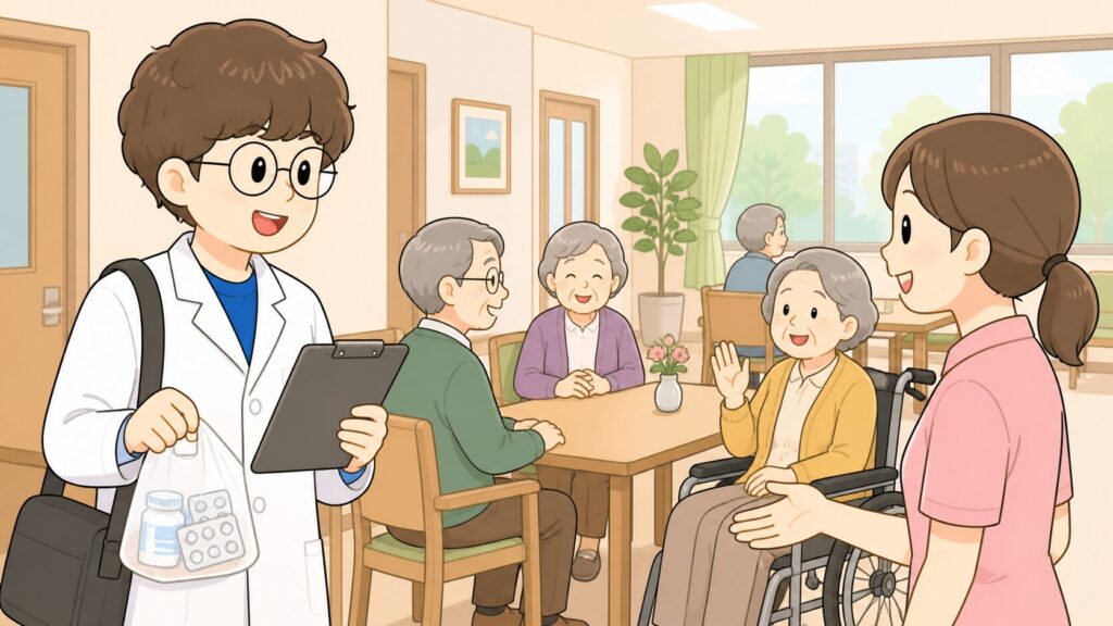 在宅薬剤師が施設を訪問する日常イラスト