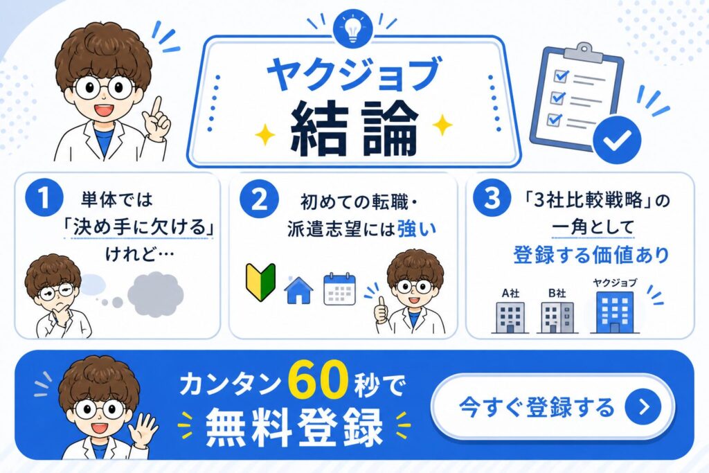 ヤクジョブのまとめ｜3社比較戦略の一角として登録する価値あり