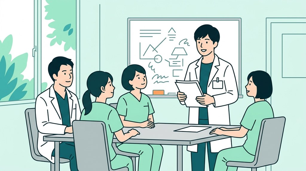 病院のカンファレンスで医師や看護師の前で発言する若い男性薬剤師のイラスト。公務員薬剤師がもったいないと言われる理由