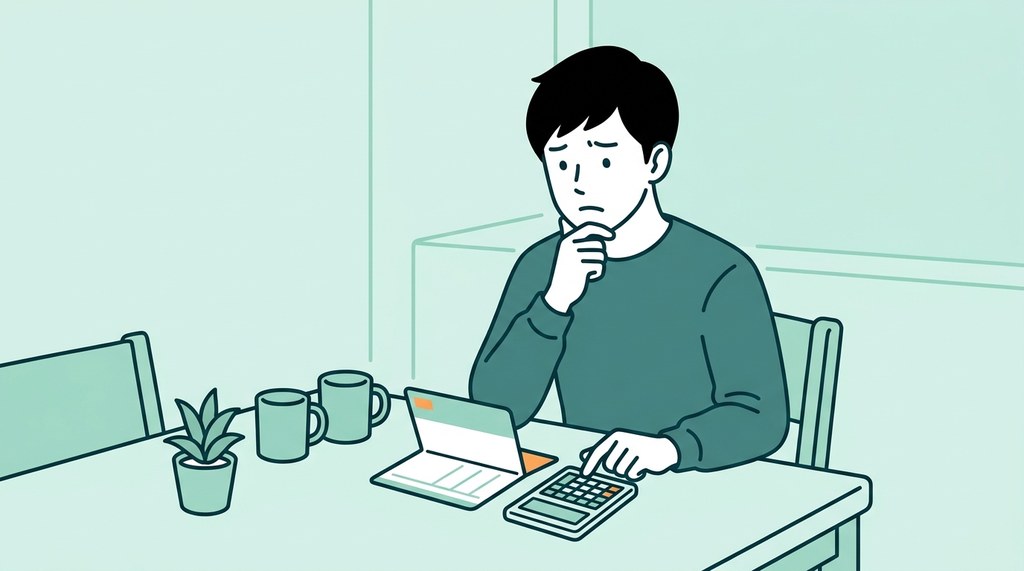 自宅のテーブルで通帳と電卓を前に考えこむ男性のイラスト。公務員薬剤師を辞めた理由は奨学金の返済と結婚