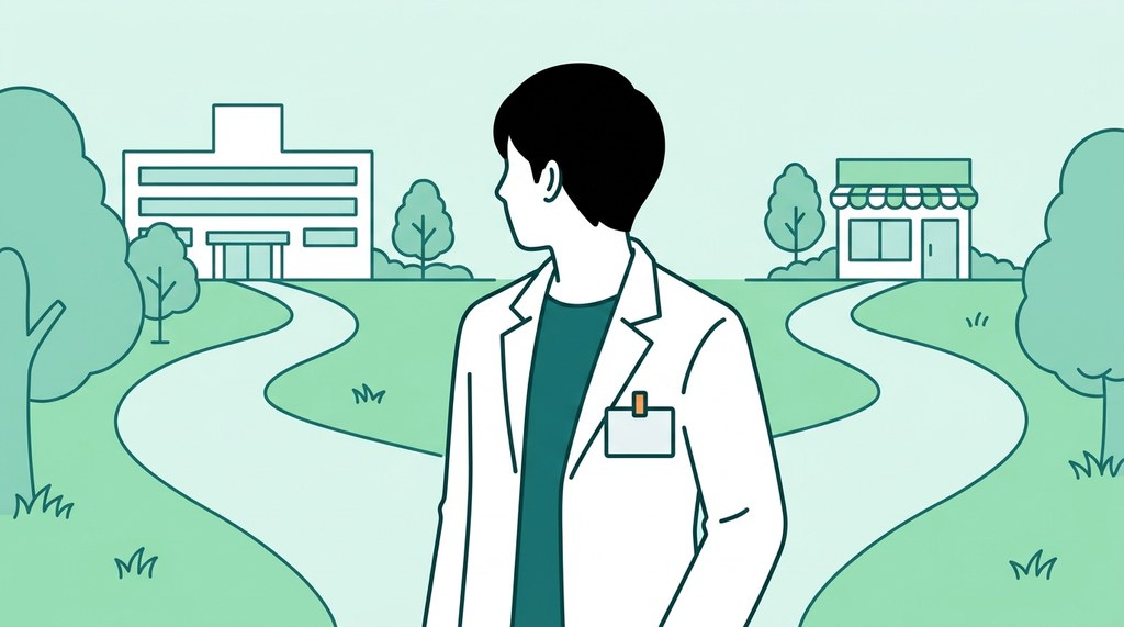 病院と薬局へ分かれる道に立つ白衣の男性薬剤師のイラスト。公務員薬剤師を辞めるか残るかの分かれ目