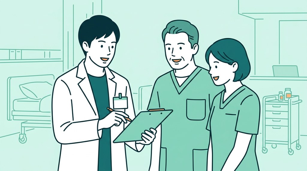 病棟で医師や看護師と話し合う男性薬剤師のイラスト。病院薬剤師の経験はお金に代えにくい