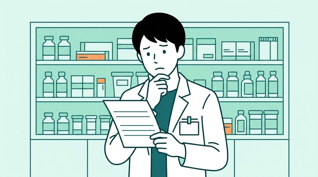 病院の薬剤部で給与明細を見て考えこむ若い男性薬剤師のイラスト。病院薬剤師の年収は若いうちが低い