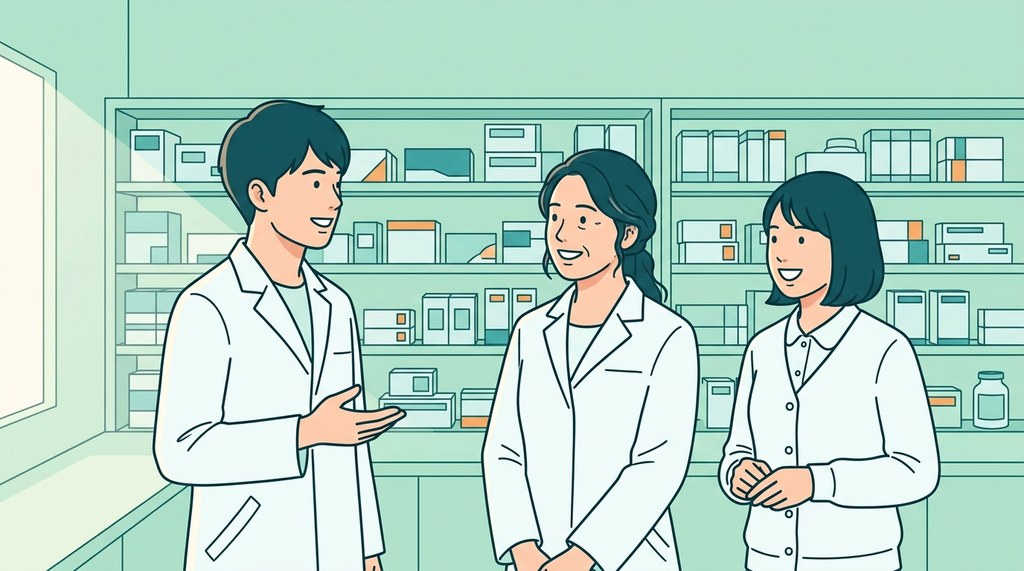 薬局の奥で、薬剤師と事務さんが和やかに話すイラスト