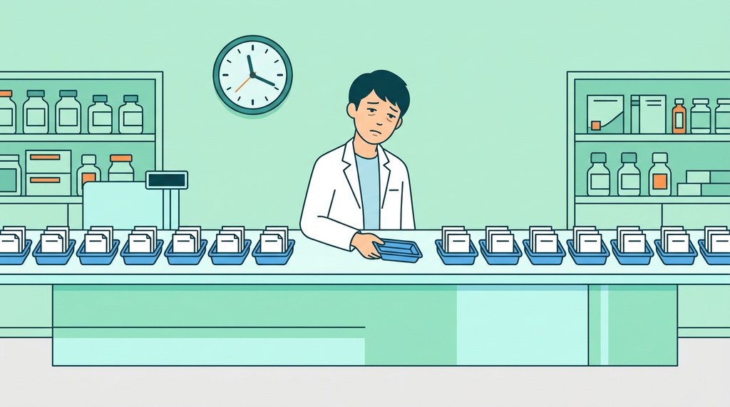 病院薬剤師から調剤薬局へ転職して、同じ調剤の作業が並ぶ調剤台の前で疲れた様子の薬剤師のイラスト