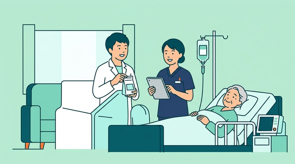 在宅薬局の薬剤師が、患者さんのお宅で訪問看護師さんと話すイラスト(点滴と医療機器あり)