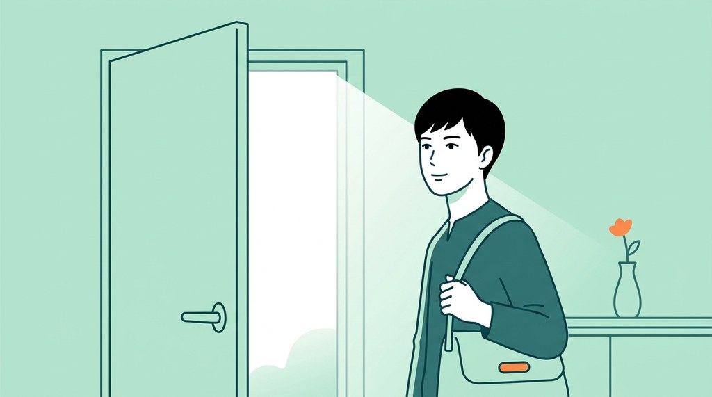 開いたドアの前でかばんを手に前を向く男性薬剤師のイラスト。上司が合わなくて辞める線引き
