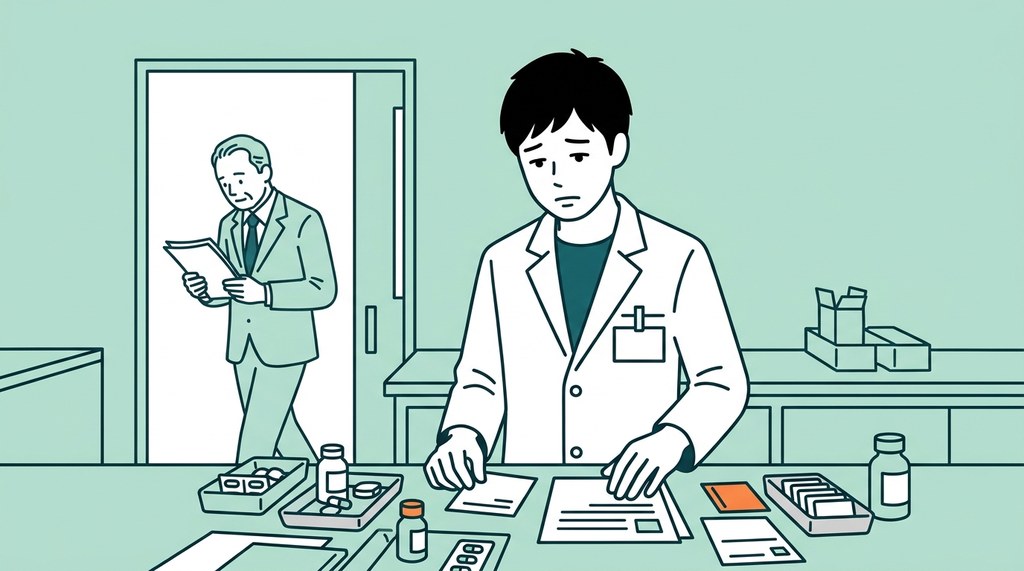 調剤室でひとり働く男性薬剤師と、目を向けずに通り過ぎるスーツの男性のイラスト。上司が合わない薬剤師