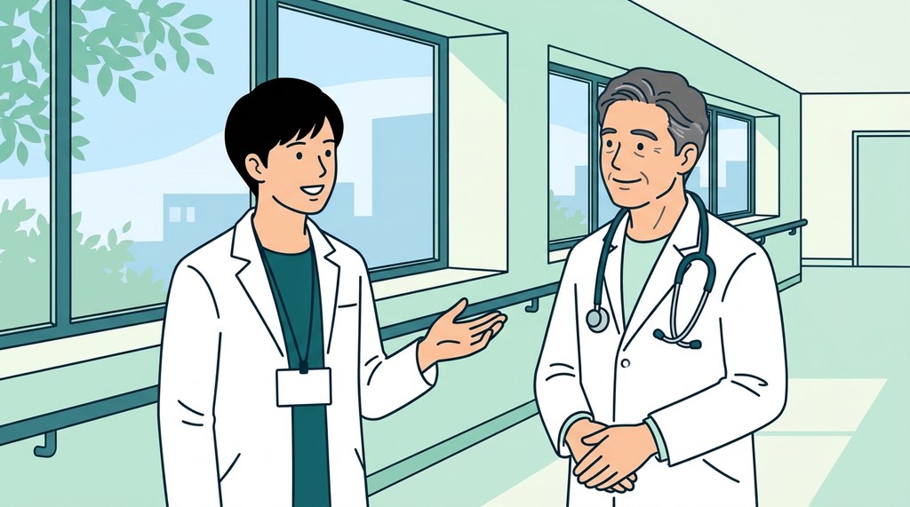病院の廊下で医師に話を聞いてもらう男性薬剤師のイラスト。上司が合わないときに僕がやったこと