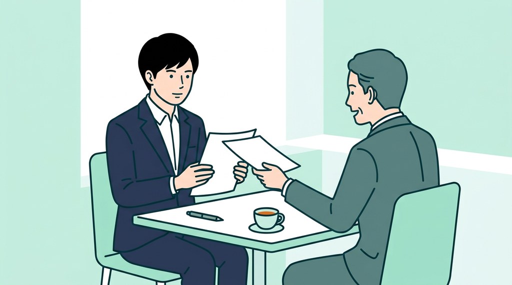 面接で書類を受け取って読む男性薬剤師のイラスト。給料が上がらない職場なら入る前に確かめる