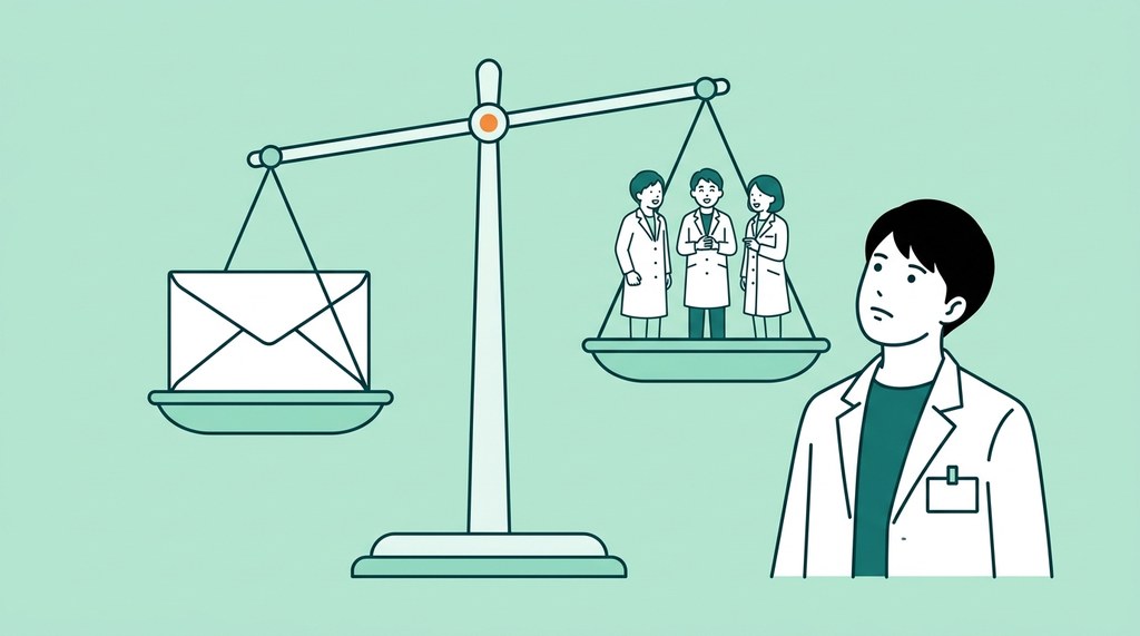 天びんに給料袋と同僚を乗せて見上げる男性薬剤師のイラスト。薬剤師の給料だけで職場を決めない