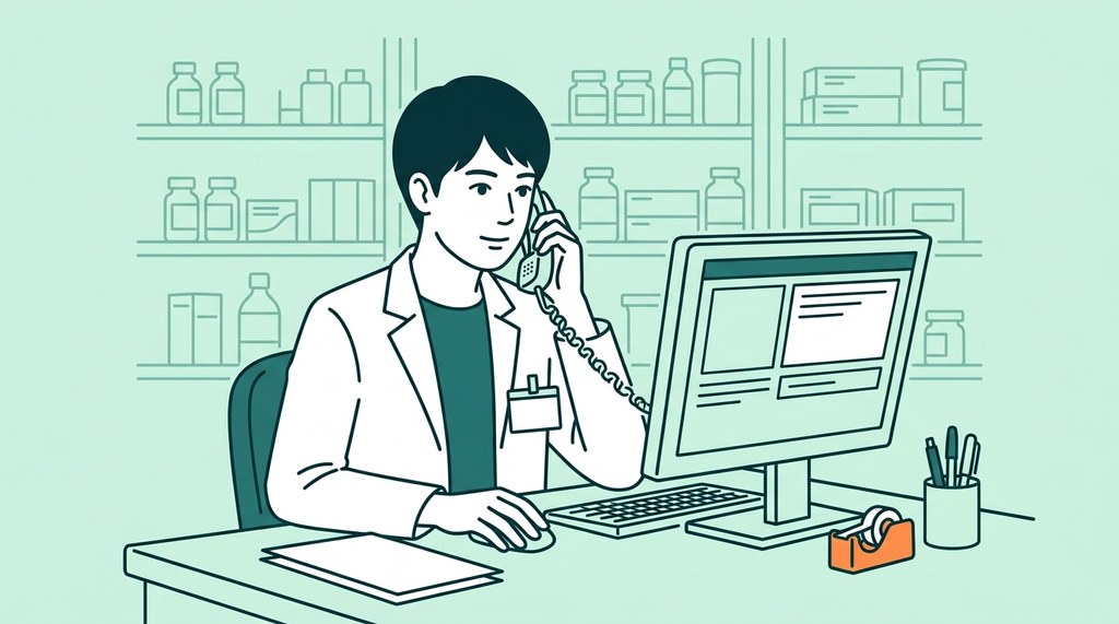 カルテの画面を見ながら電話で医師に問い合わせる若い男性薬剤師のイラスト。病院薬剤師が3年で身につける疑義照会の基礎