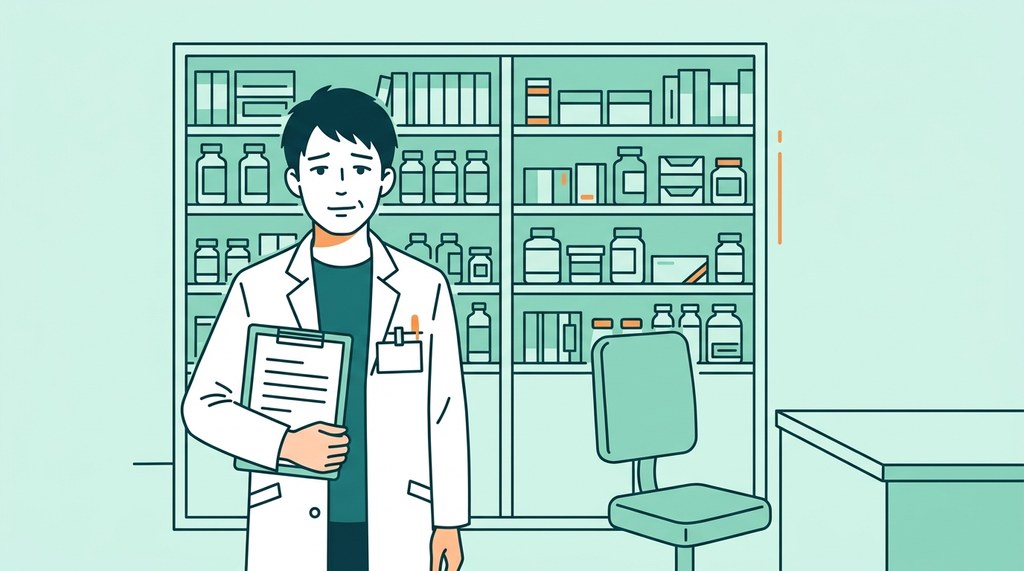 小さな病院の薬剤部でひとり薬棚の前に立つ男性薬剤師のイラスト。病院薬剤師を2年で辞めた体験