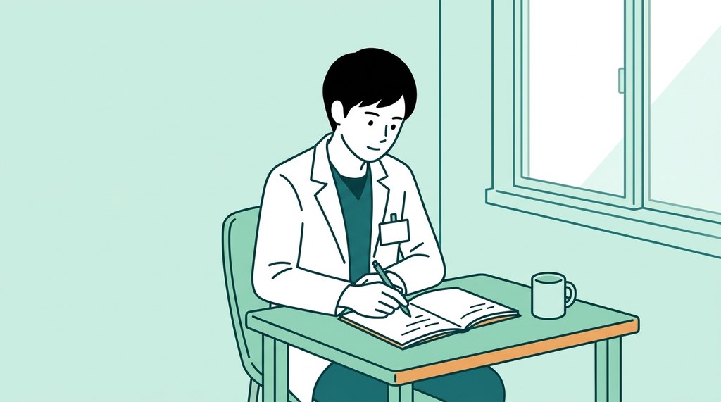 休憩室の机でノートに辞めたい理由を書き出す男性薬剤師のイラスト。病院薬剤師の転職は年数より理由