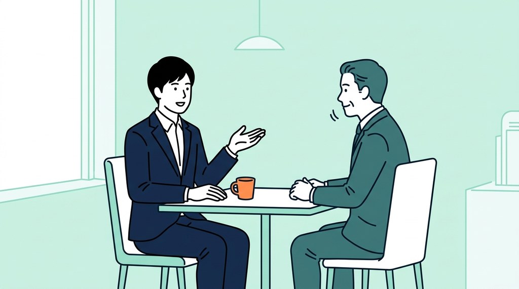 面接で落ち着いて話す男性薬剤師のイラスト。薬剤師の転職回数より辞めた理由の説明が大事