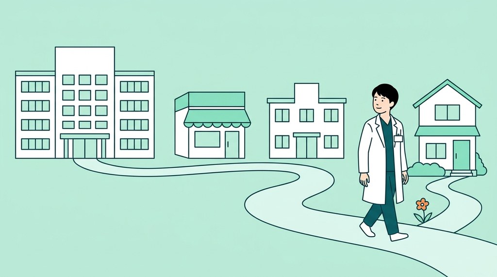 病院・薬局・小さな病院・家を結ぶ道を歩く男性薬剤師のイラスト。薬剤師の転職回数と4回の転職