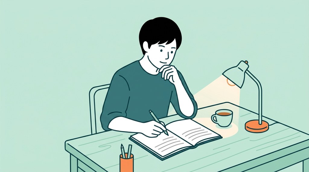 机でノートに書き出しをする男性薬剤師のイラスト。薬剤師の転職回数が気になるときに辞めた理由を整理
