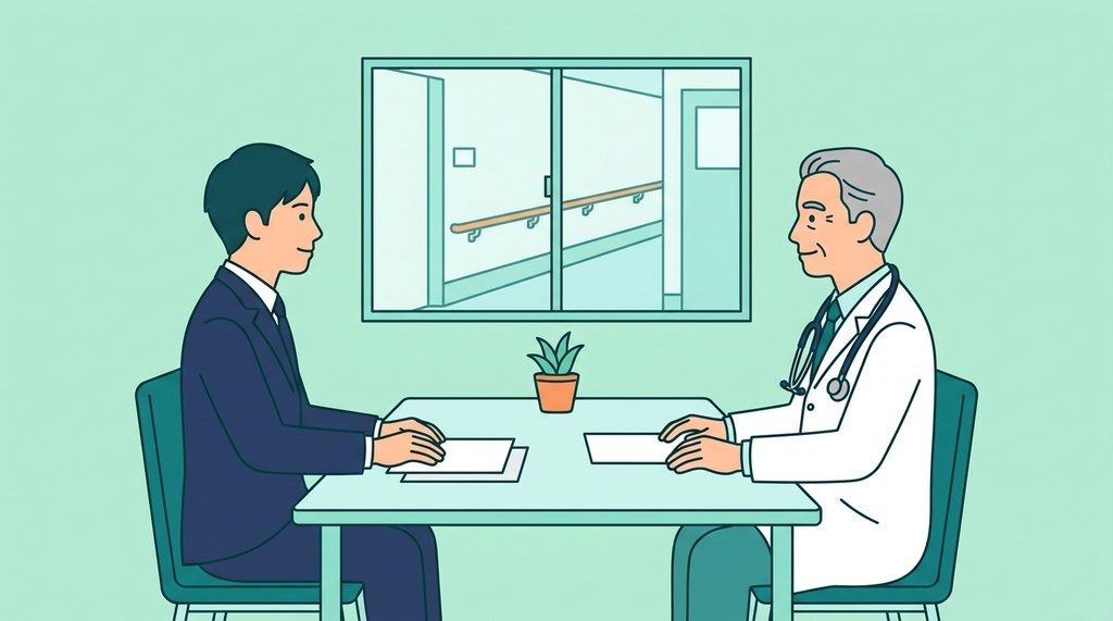 薬剤師転職エージェント経由で、病院の会議室で院長と面接する男性のイラスト