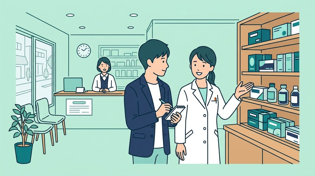 薬剤師の転職で薬局を見学し、薬剤師に棚を案内されながらメモを取る男性のイラスト