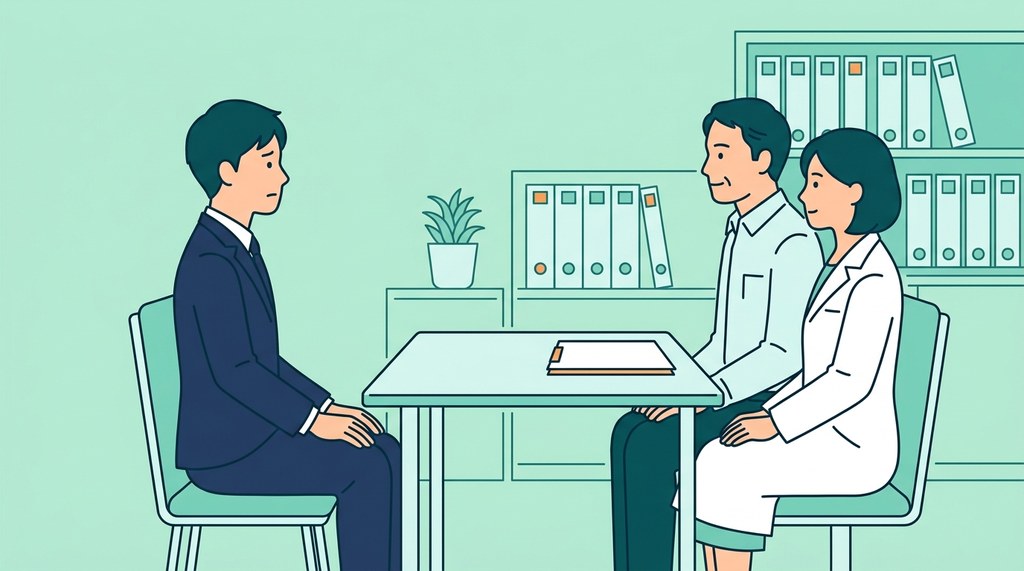 薬剤師の転職の面接で、薬局の奥の部屋で質問を言い出せずにいる男性のイラスト