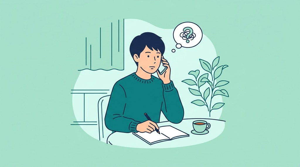 薬剤師の転職で求人の紹介を受けるとき、自宅で電話しながら希望をどう伝えるか迷う男性のイラスト
