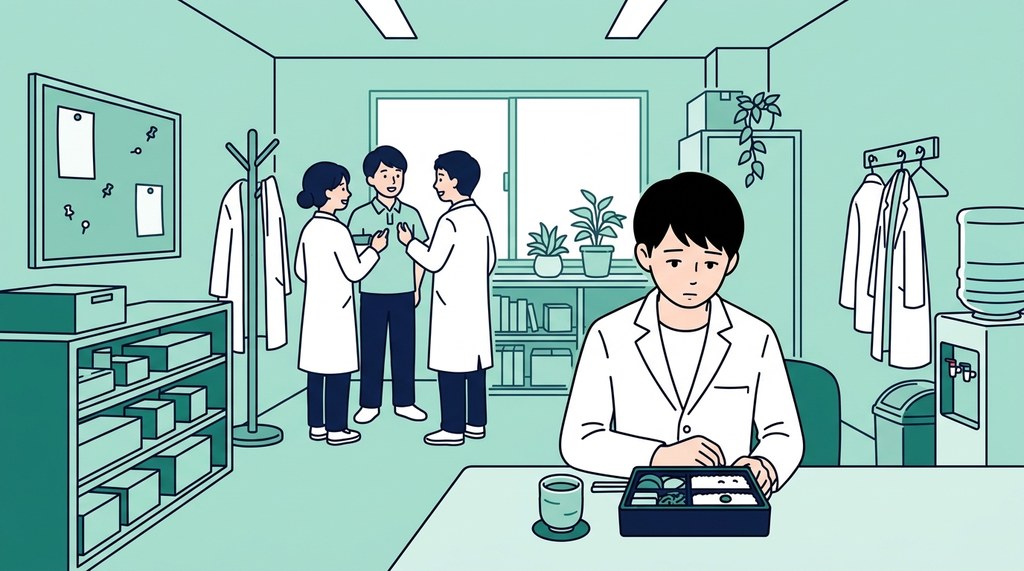 調剤薬局の人間関係のきつさとして、休憩室でひとり弁当を食べる男性薬剤師と奥で話すスタッフのイラスト