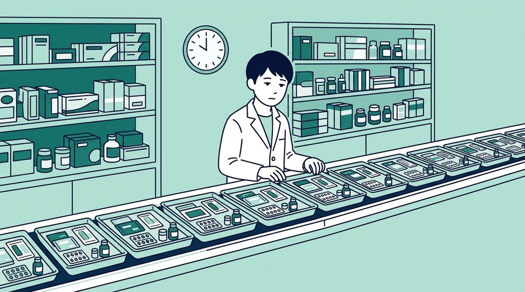 調剤薬局の薬剤師がきつい理由として、同じ形の調剤トレーが一列に並ぶ調剤台の前で作業する男性薬剤師のイラスト