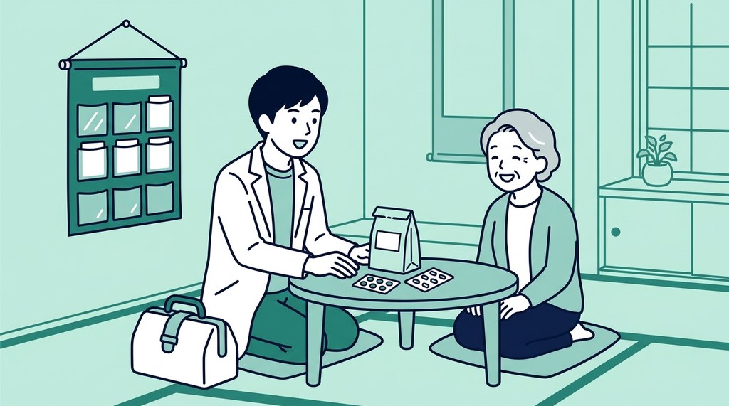 調剤薬局から在宅薬局に移り、患者さんのお宅で高齢の女性に薬を説明する男性薬剤師のイラスト