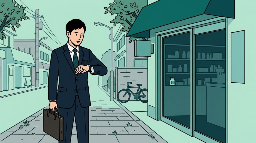 薬局見学の時間のマナーとして、薬局の手前で腕時計を見て訪問の時間を待つスーツ姿の男性のイラスト
