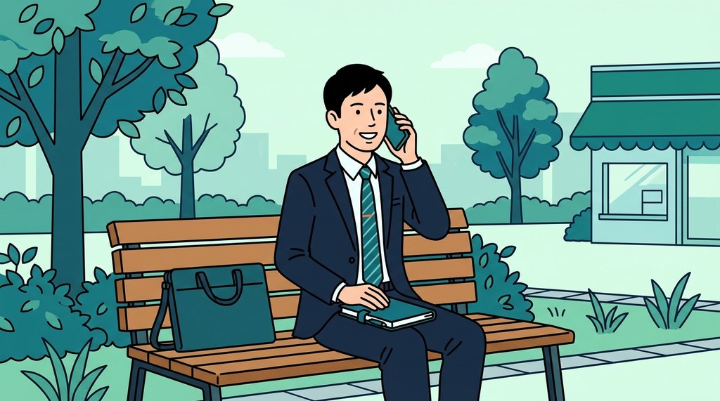 薬局見学のあと、公園のベンチで転職エージェントの担当者にお礼を伝える電話をする男性のイラスト