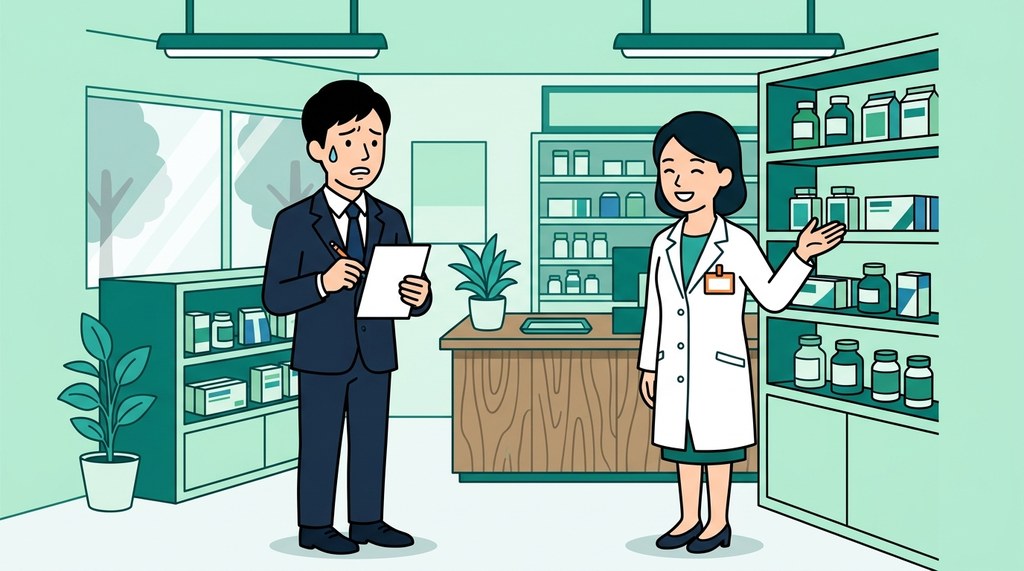 薬局見学で聞くことを用意しておらず、白紙のメモ帳を手に緊張する男性と案内する薬剤師のイラスト