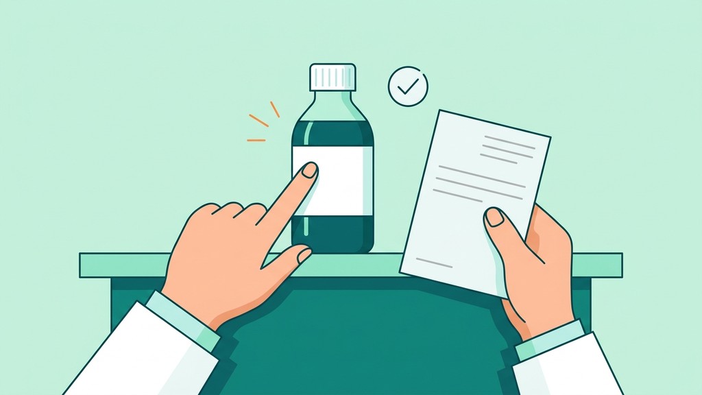 調剤ミスを防ぐため、薬の瓶と処方せんを指さしで確認する薬剤師の手元のイラスト