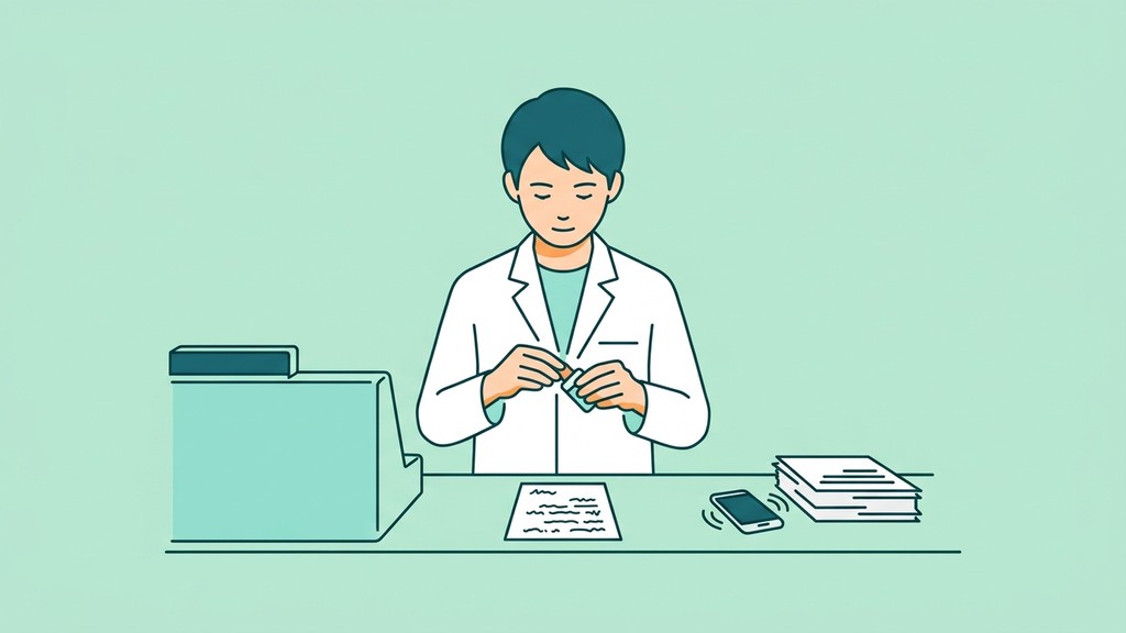 調剤ミスのあと、ほかの作業を脇に置いて1つの調剤に集中する薬剤師のイラスト
