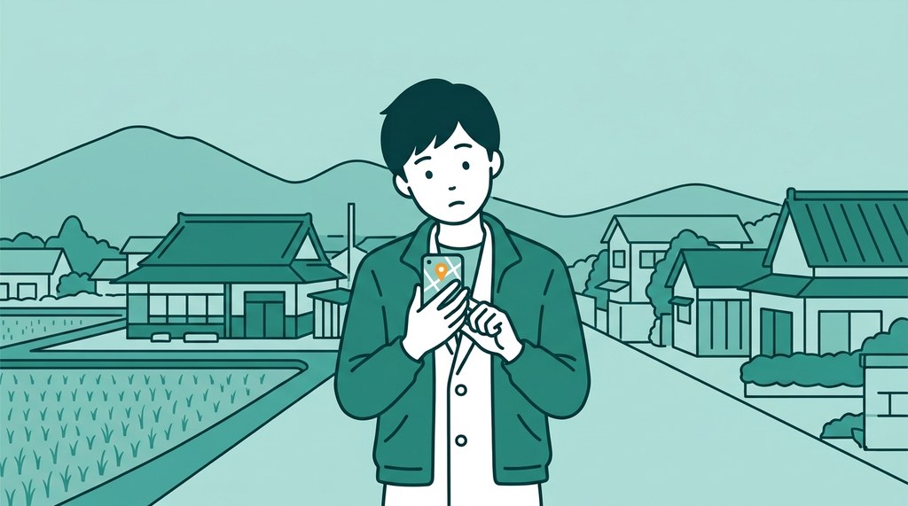 単発派遣の求人が少ない地域で、スマホの地図を見て首をかしげる男性薬剤師のイラスト