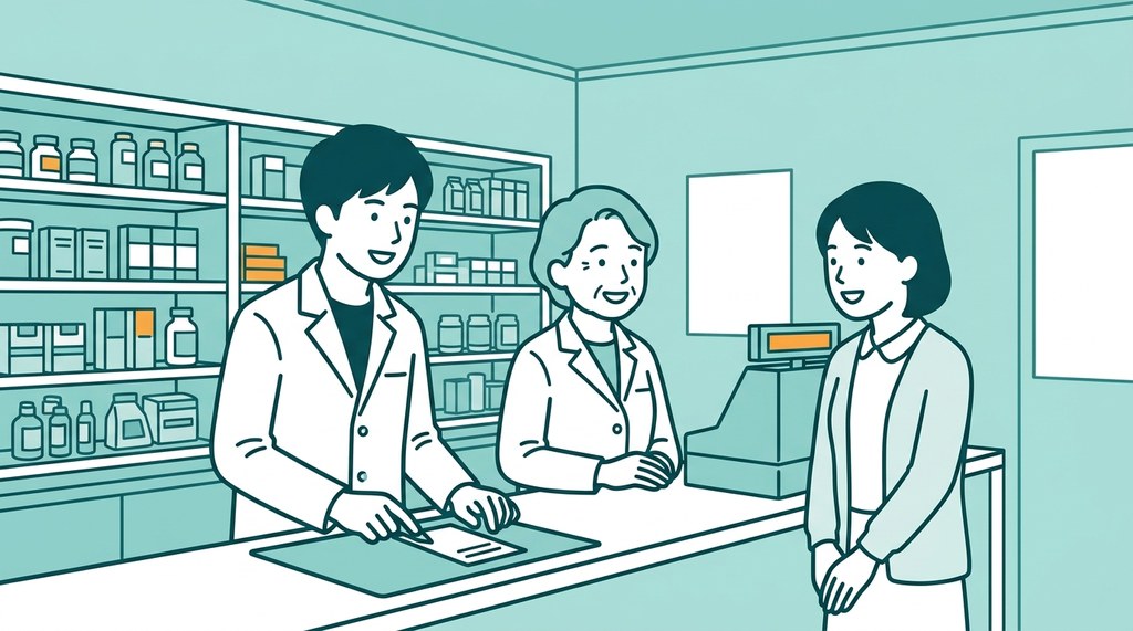 ダブルワーク先の調剤薬局で、笑顔のスタッフと並んで働く男性薬剤師のイラスト