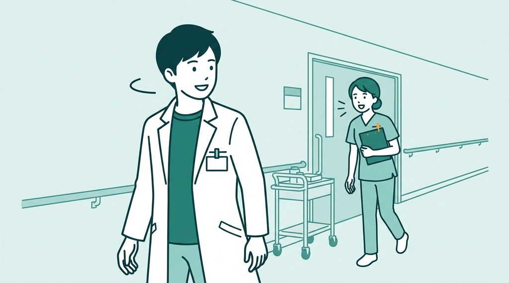 病院の廊下で看護師に名前で呼ばれ、笑顔で振り向く男性薬剤師のイラスト。薬剤師のやりがいを感じた瞬間