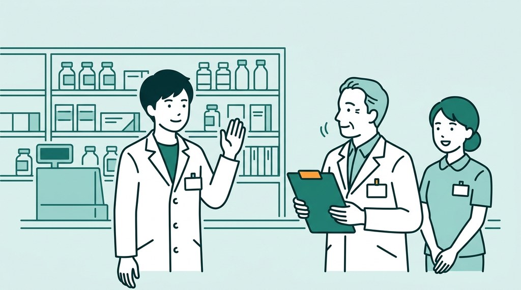 薬局の打ち合わせで、新しい仕事に手を挙げる男性薬剤師のイラスト。いまの職場で仕事の幅を広げてやりがいを取り戻す