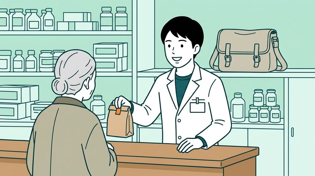 薬局のカウンターで高齢の患者さんに薬を渡す男性薬剤師のイラスト。後ろの棚に訪問用のかばん。外来と在宅をかけもちする在宅薬剤師