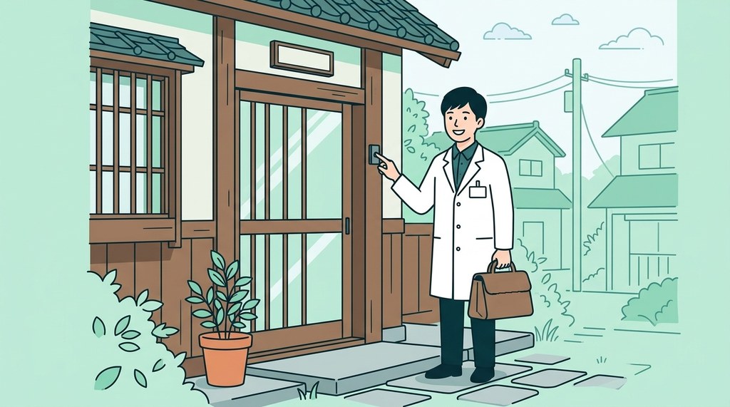 訪問用のかばんを持って患者さんの家の玄関でチャイムを押す男性薬剤師のイラスト。在宅薬剤師と訪問薬剤師は呼び方が違うだけで同じ仕事