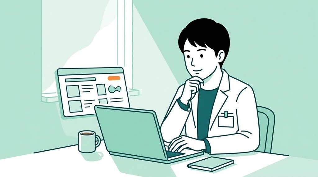 休憩室でノートパソコンの求人を見比べる男性薬剤師のイラスト。在宅薬剤師・訪問薬剤師の求人の探し方
