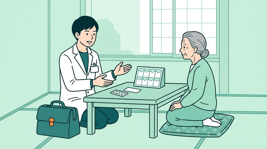 和室で高齢の患者さんに薬を説明する男性薬剤師のイラスト。外来にはない在宅の報酬が在宅薬剤師の年収を支える