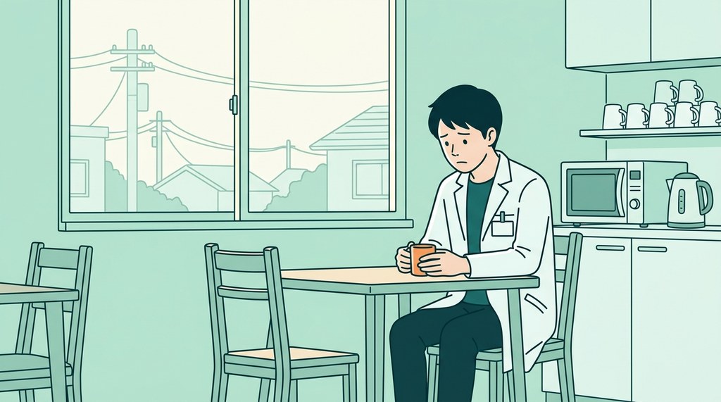 休憩室でひとりコーヒーを持ち考えこむ男性薬剤師のイラスト。在宅薬剤師の年収だけで職場を選んだ後悔