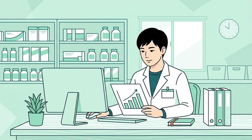 薬局の机で売上のグラフを見る男性薬剤師のイラスト。在宅薬剤師の年収と管理薬剤師手当
